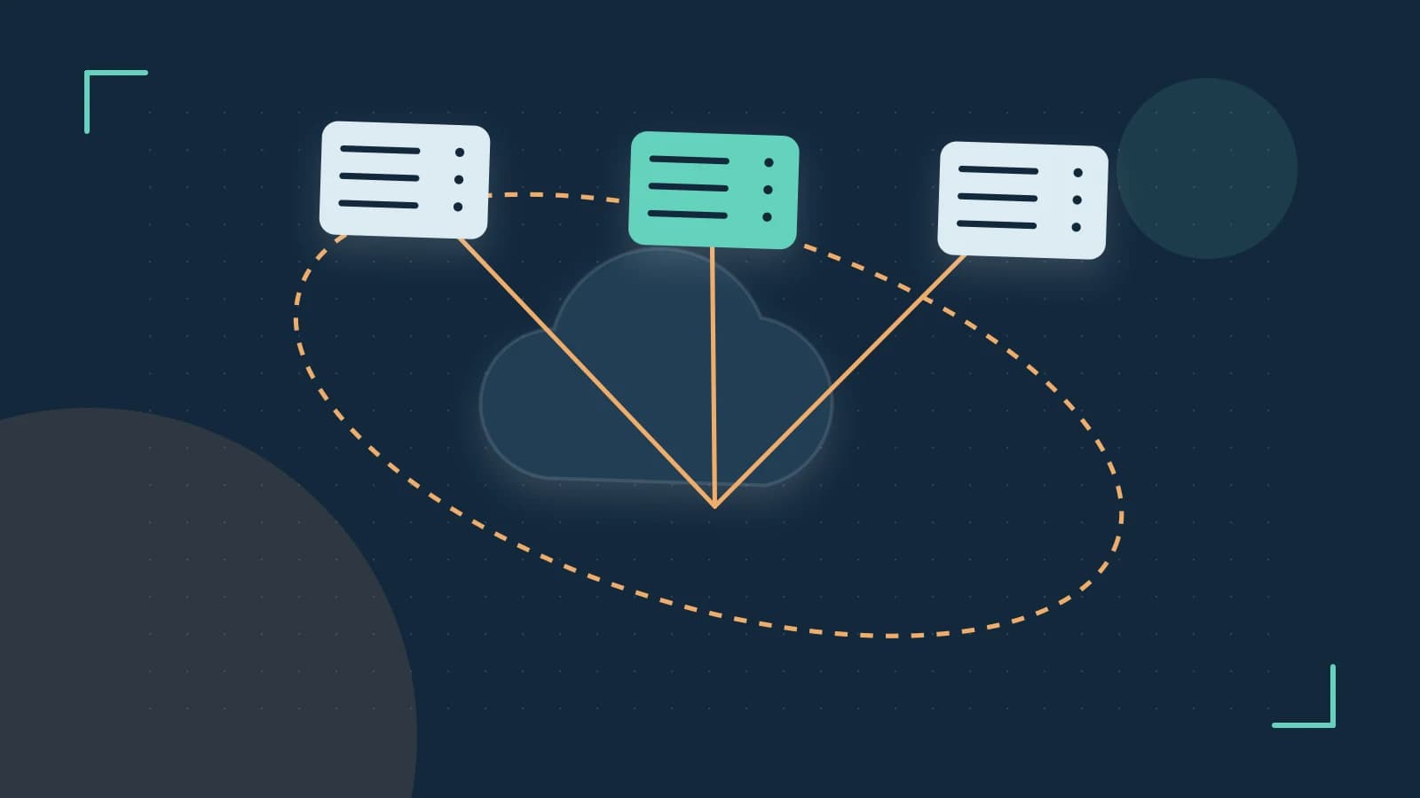 Editorial illustration of cloud infrastructure, connected server racks and an orbital service map