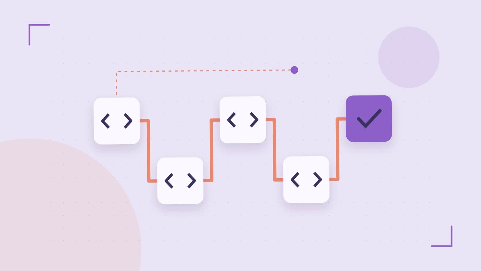 Editorial illustration of a branching build pipeline, staged transformations and a completed check