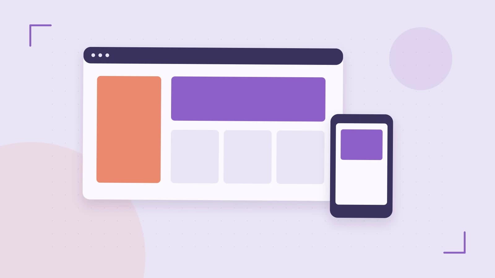 Editorial illustration of responsive browser layouts, overlapping design components and a color system