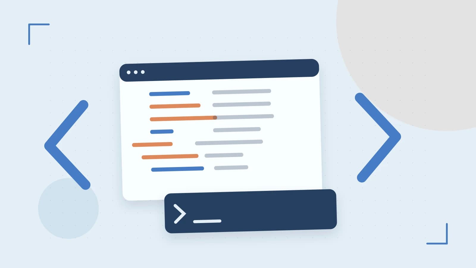 Editorial illustration of an abstract code editor, syntax blocks and oversized programming brackets