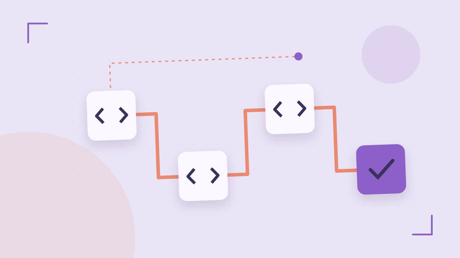 Editorial illustration of a branching build pipeline, staged transformations and a completed check