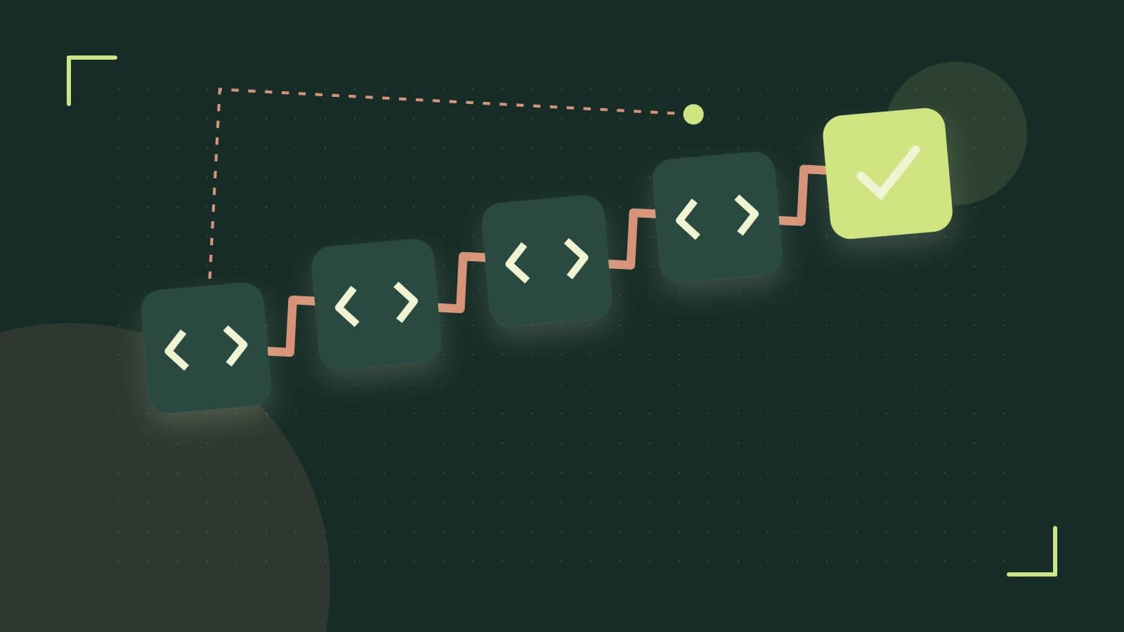 Editorial illustration of a branching build pipeline, staged transformations and a completed check