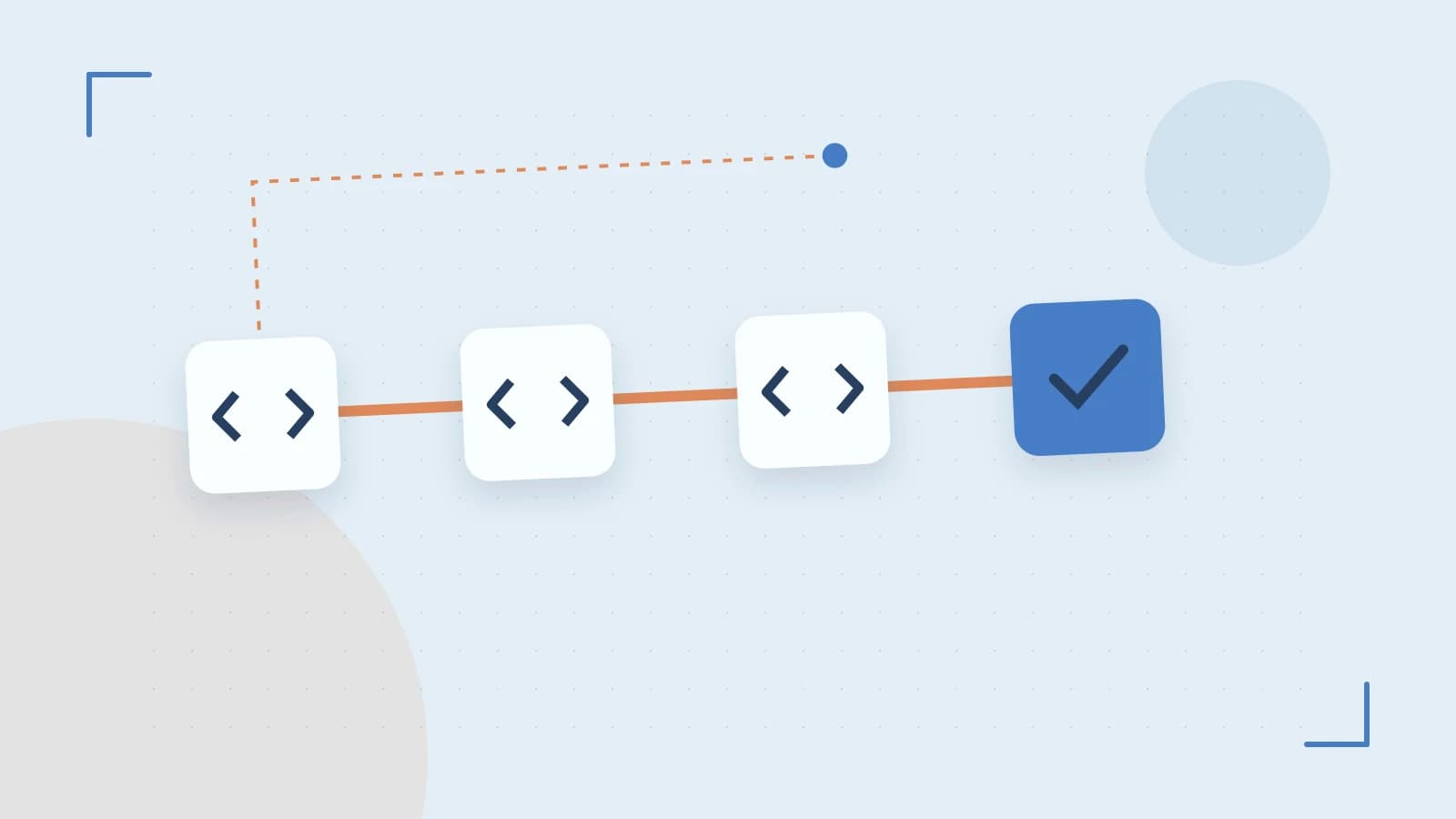Editorial illustration of a branching build pipeline, staged transformations and a completed check