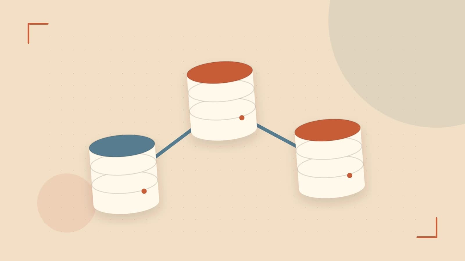 Editorial illustration of structured records, database cylinders and relationships between tables