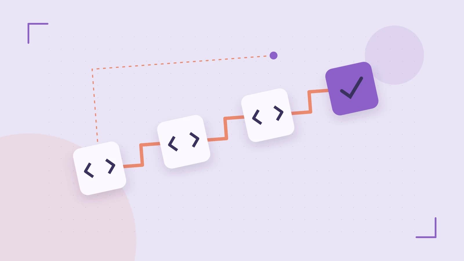 Editorial illustration of a branching build pipeline, staged transformations and a completed check