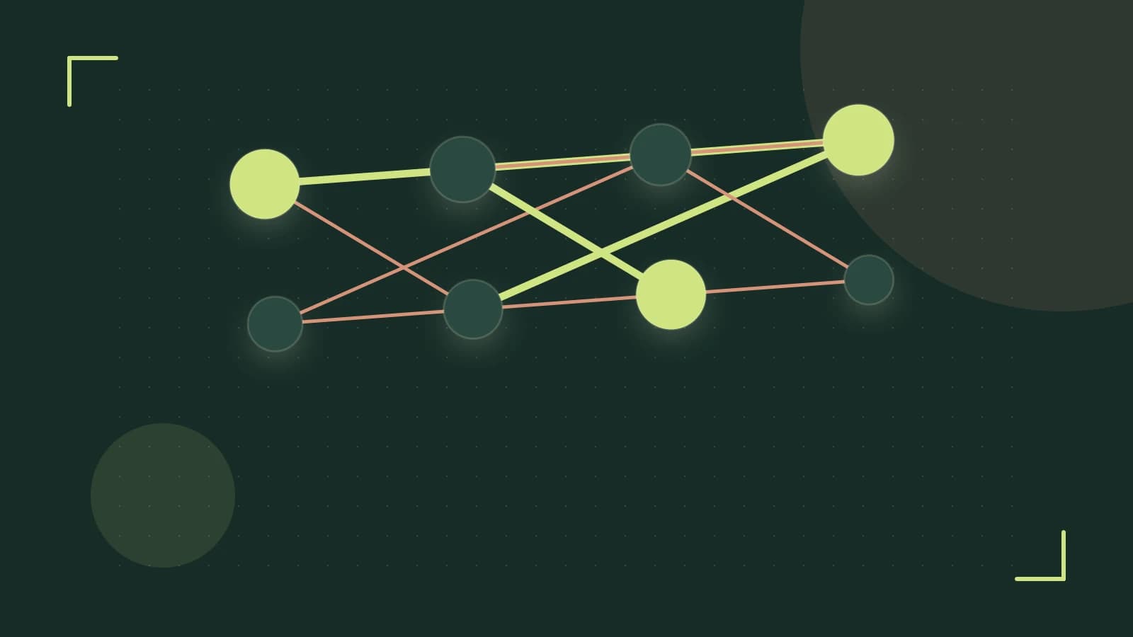 Editorial illustration of an algorithmic node graph with branching paths and a highlighted result