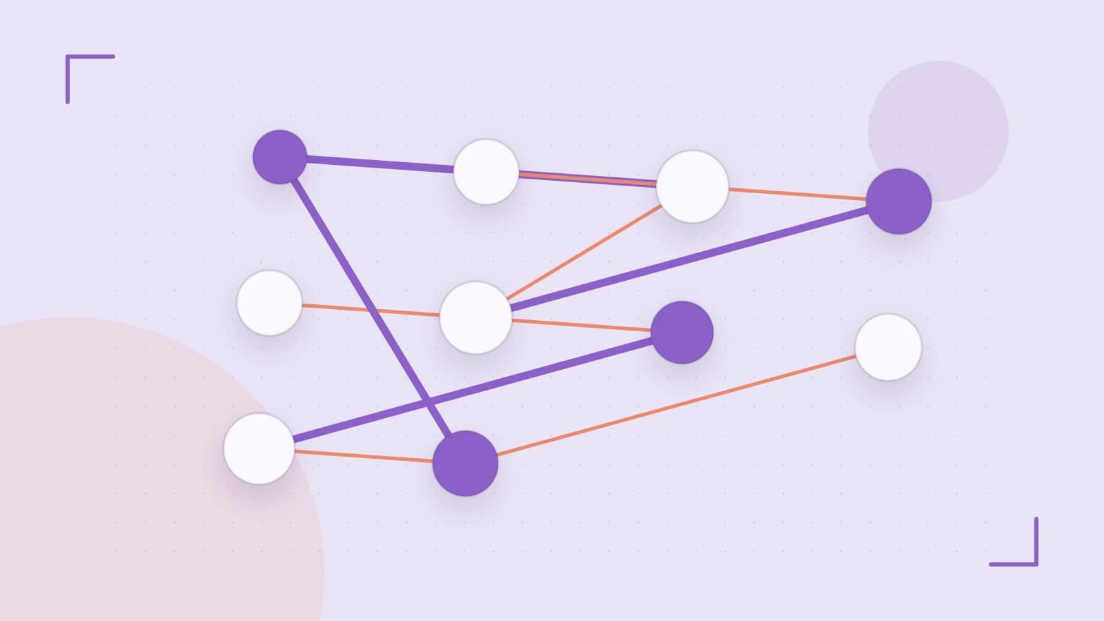 Editorial illustration of an algorithmic node graph with branching paths and a highlighted result