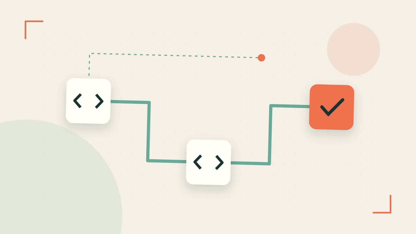 Editorial illustration of a branching build pipeline, staged transformations and a completed check