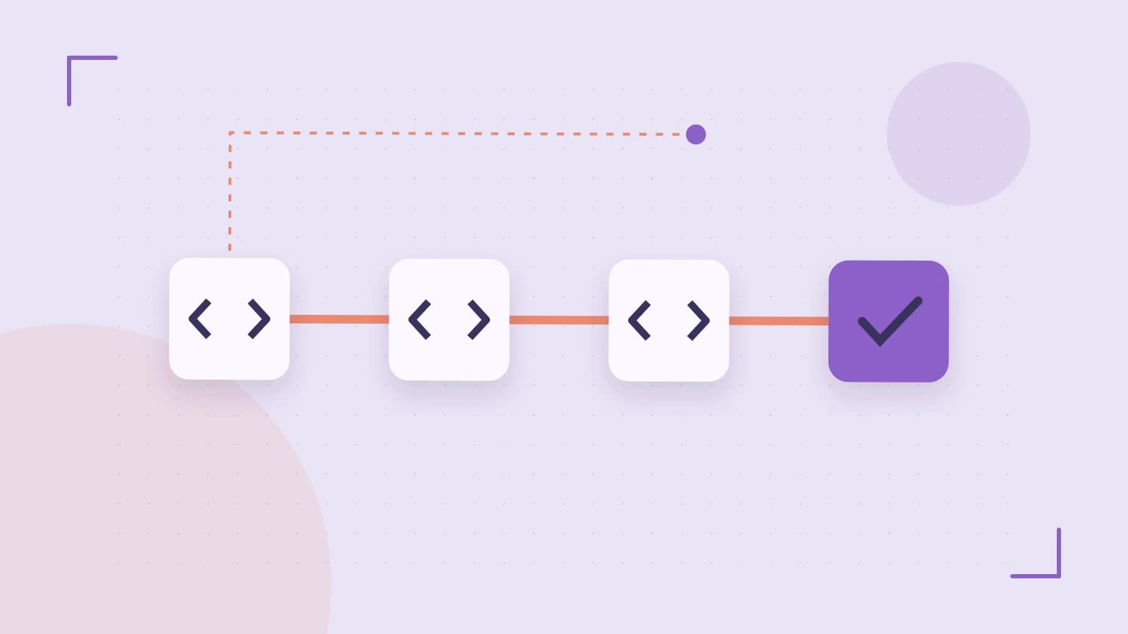 Editorial illustration of a branching build pipeline, staged transformations and a completed check