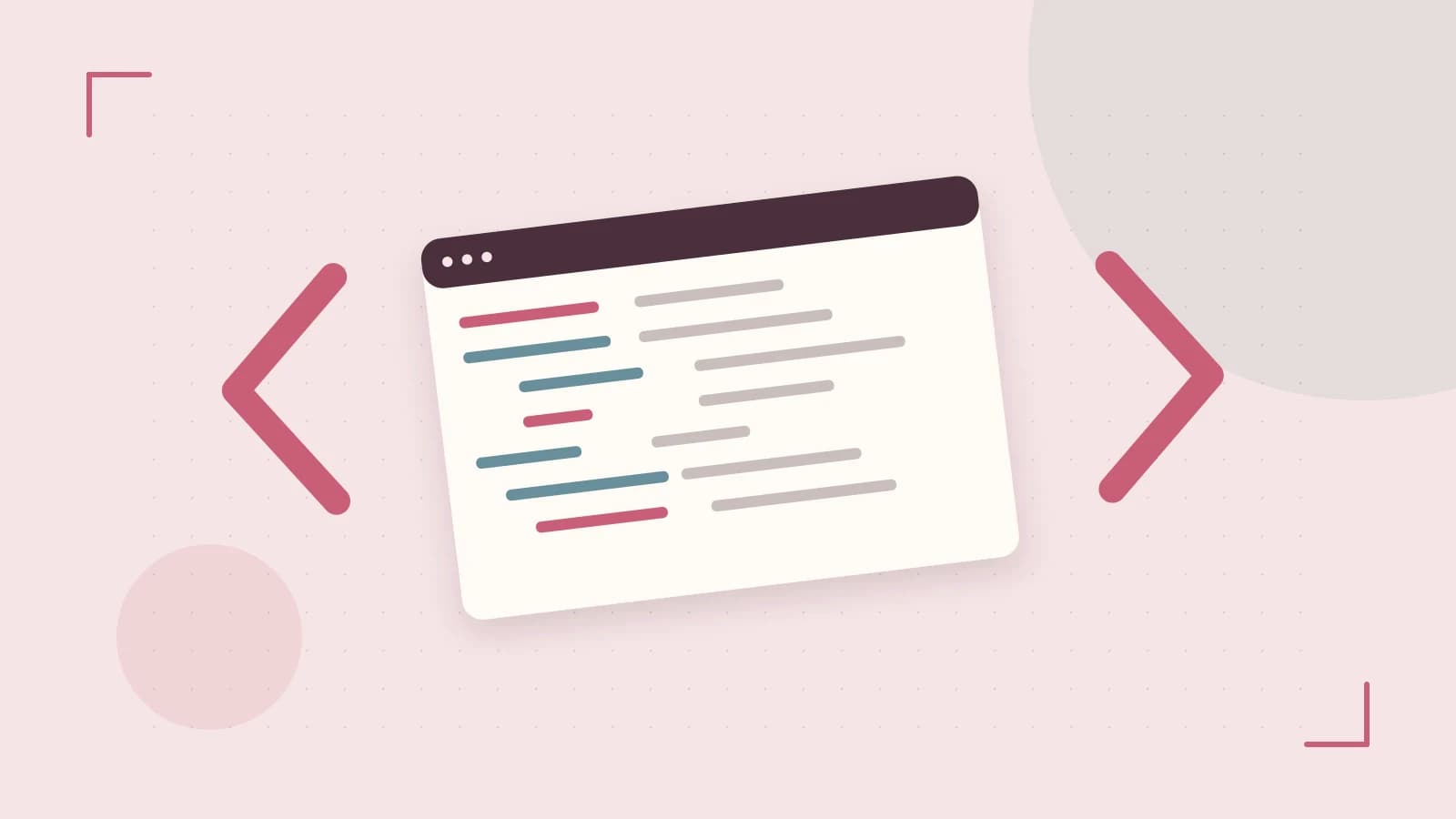 Editorial illustration of an abstract code editor, syntax blocks and oversized programming brackets