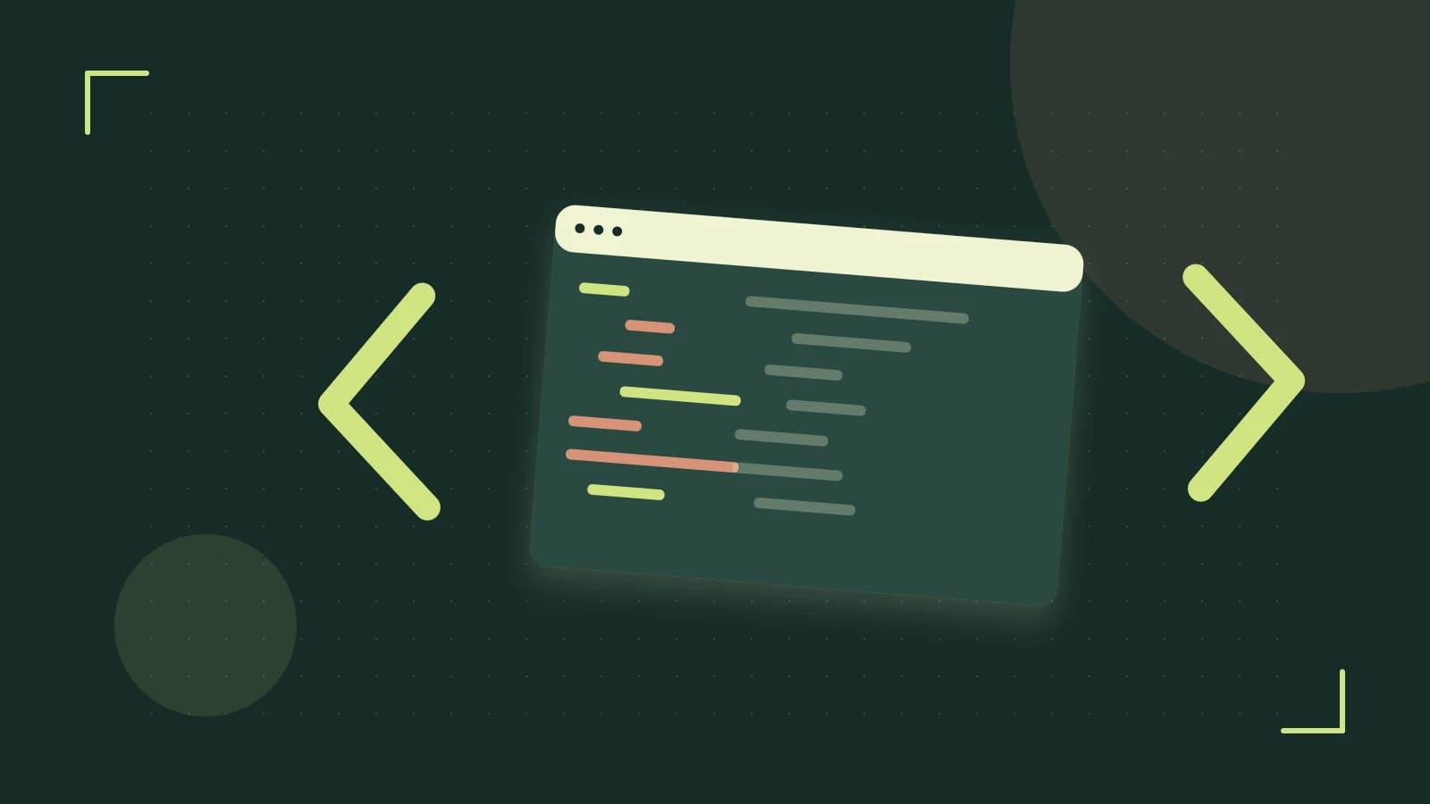 Editorial illustration of an abstract code editor, syntax blocks and oversized programming brackets