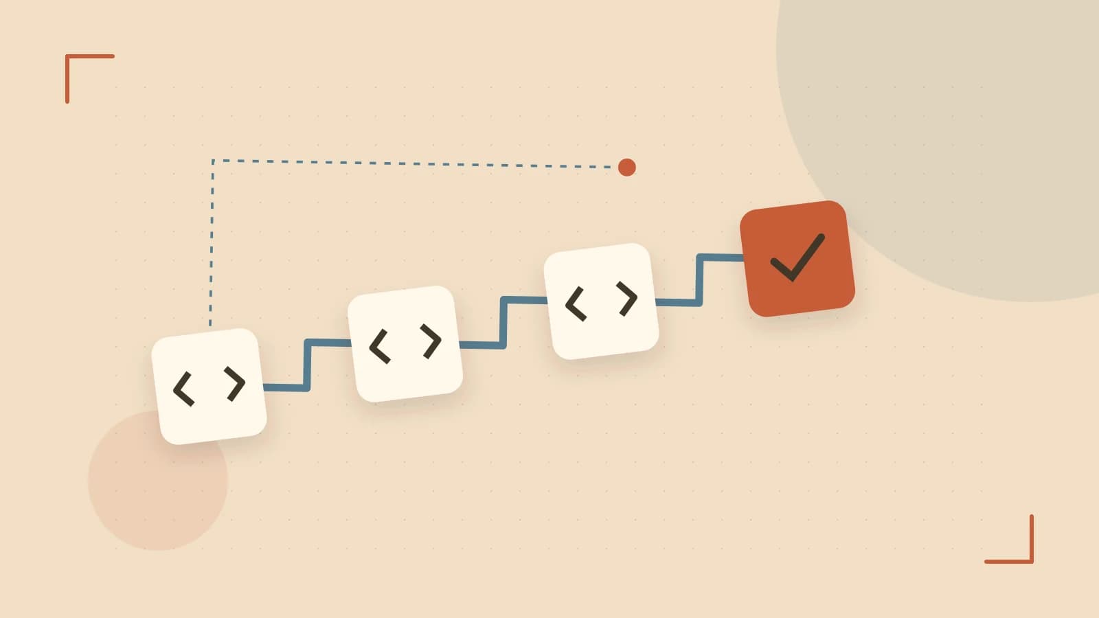 Editorial illustration of a branching build pipeline, staged transformations and a completed check