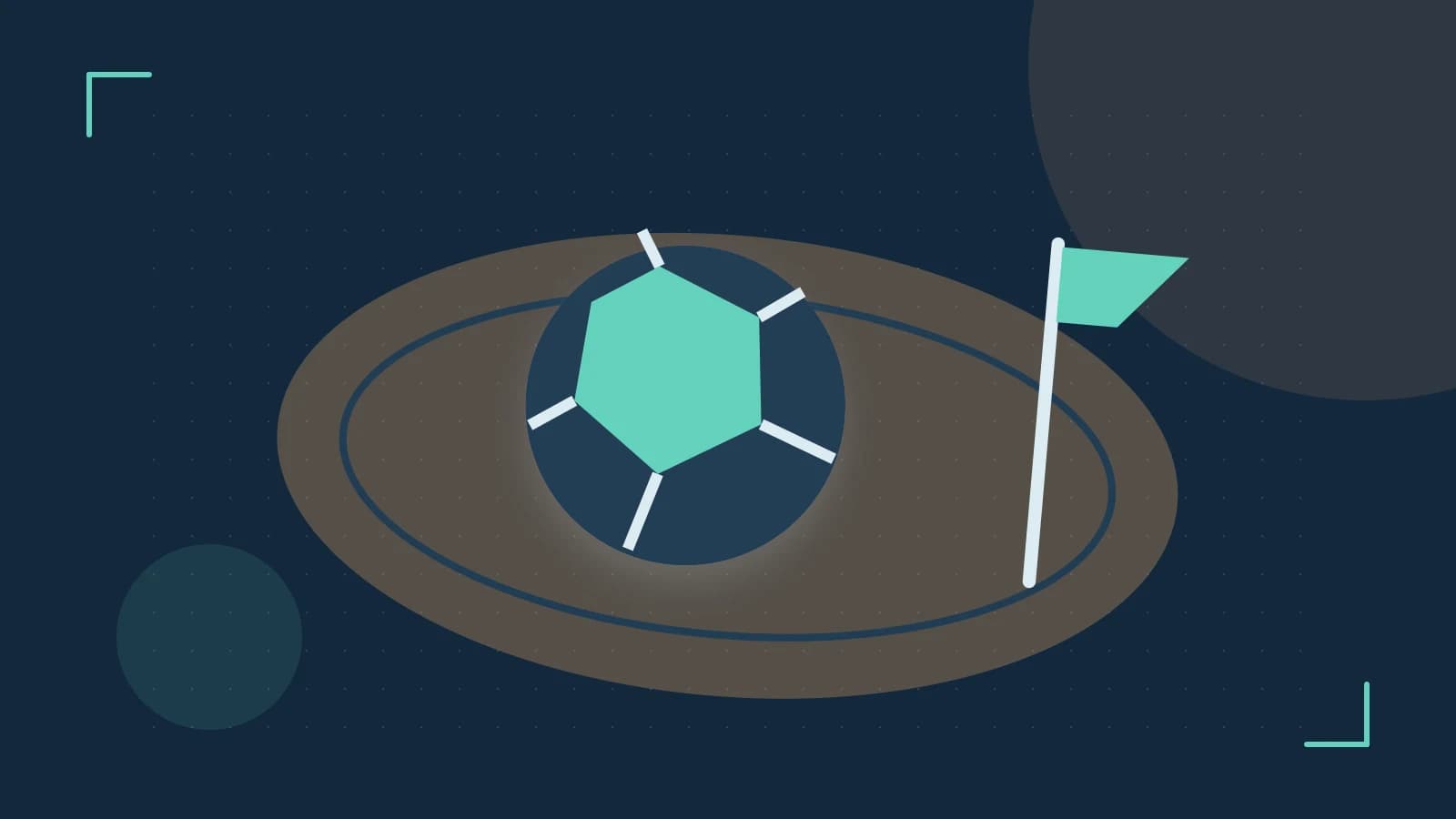 Editorial illustration of a stylized sports ball, stadium geometry and dynamic arcs