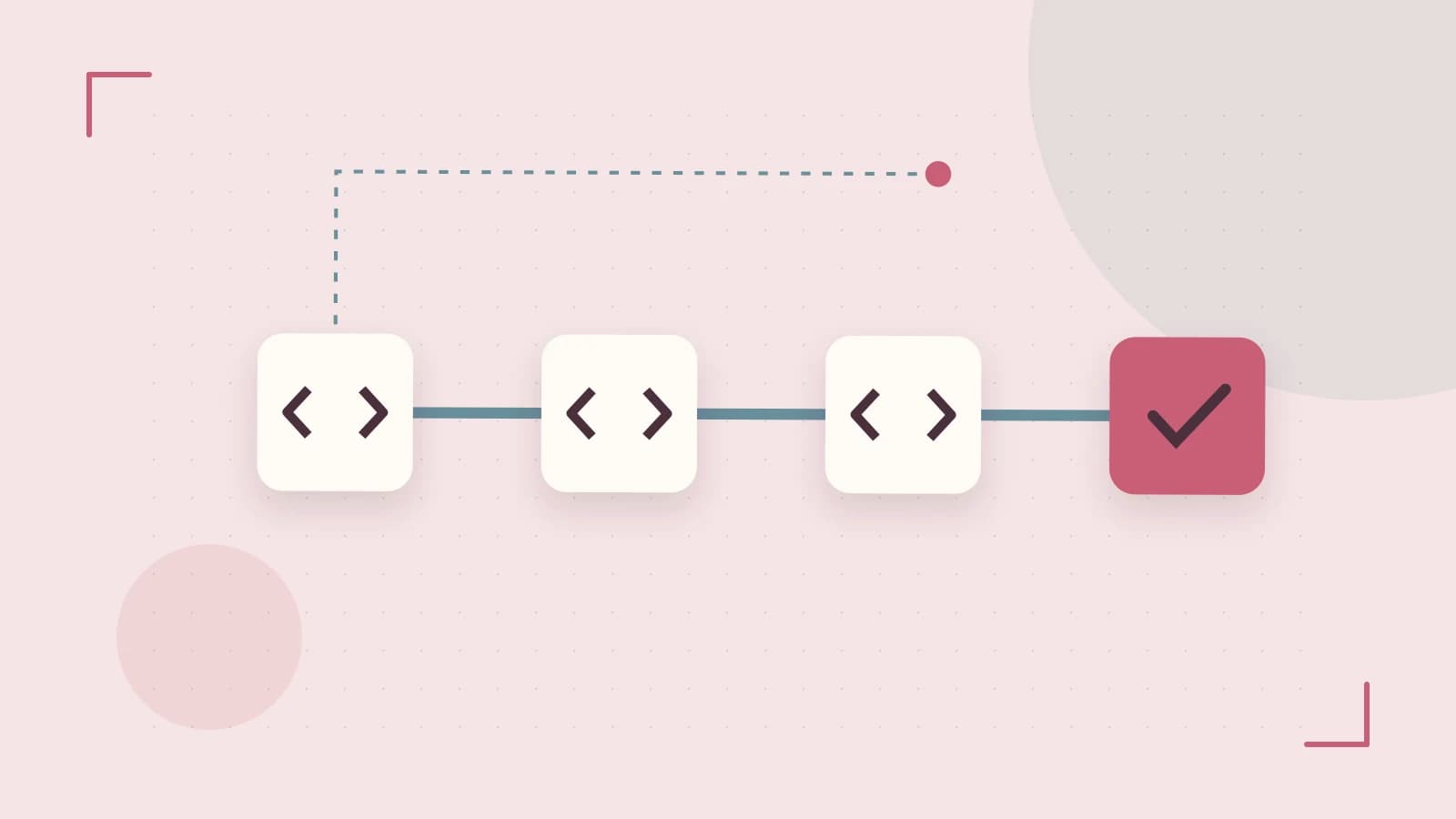 Editorial illustration of a branching build pipeline, staged transformations and a completed check