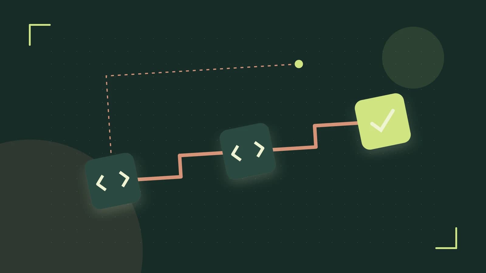 Editorial illustration of a branching build pipeline, staged transformations and a completed check
