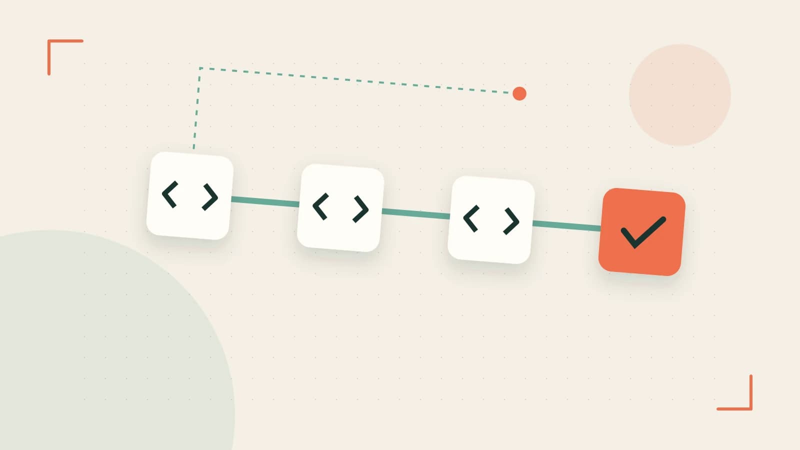 Editorial illustration of a branching build pipeline, staged transformations and a completed check