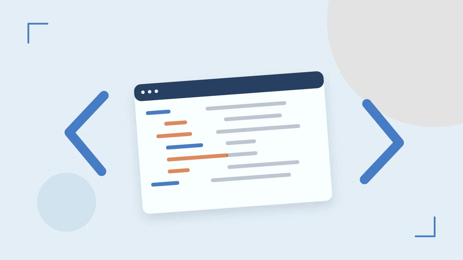 Editorial illustration of an abstract code editor, syntax blocks and oversized programming brackets