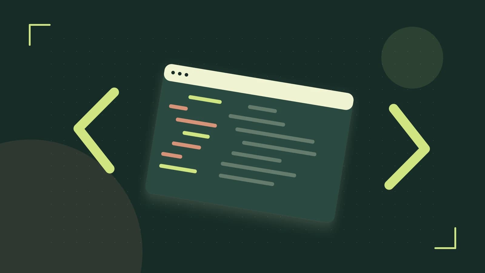 Editorial illustration of an abstract code editor, syntax blocks and oversized programming brackets