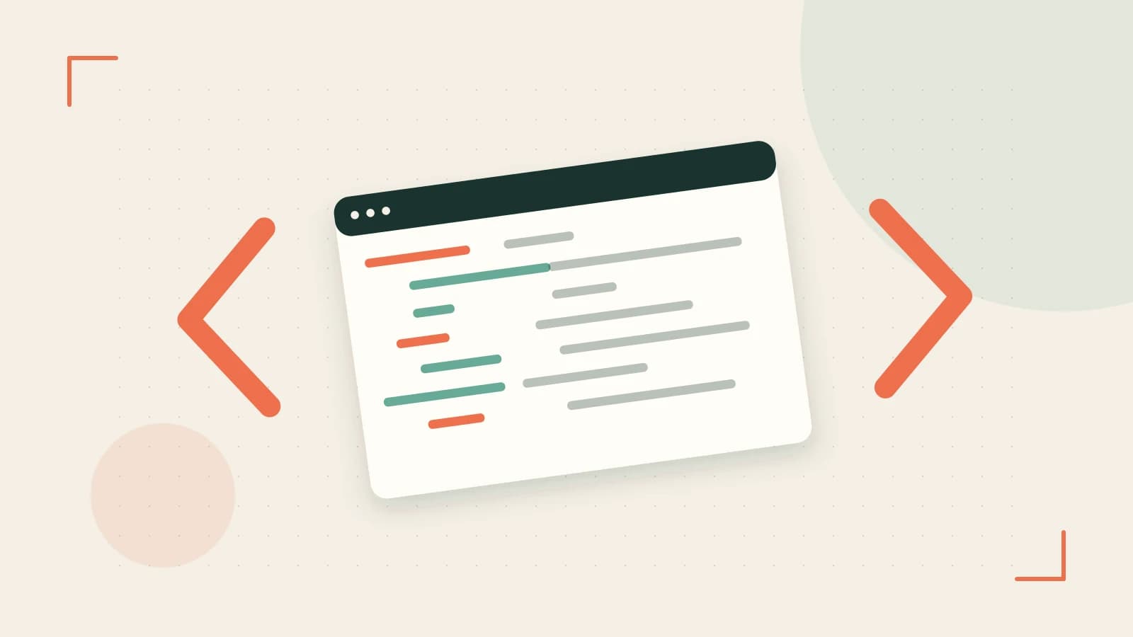 Editorial illustration of an abstract code editor, syntax blocks and oversized programming brackets