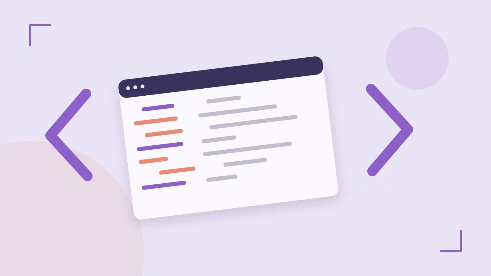 Editorial illustration of an abstract code editor, syntax blocks and oversized programming brackets