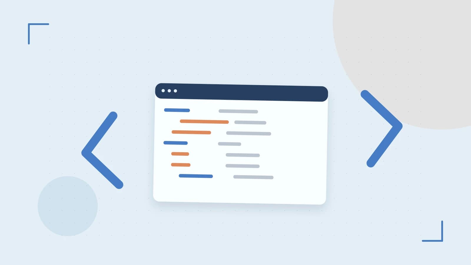 Editorial illustration of an abstract code editor, syntax blocks and oversized programming brackets