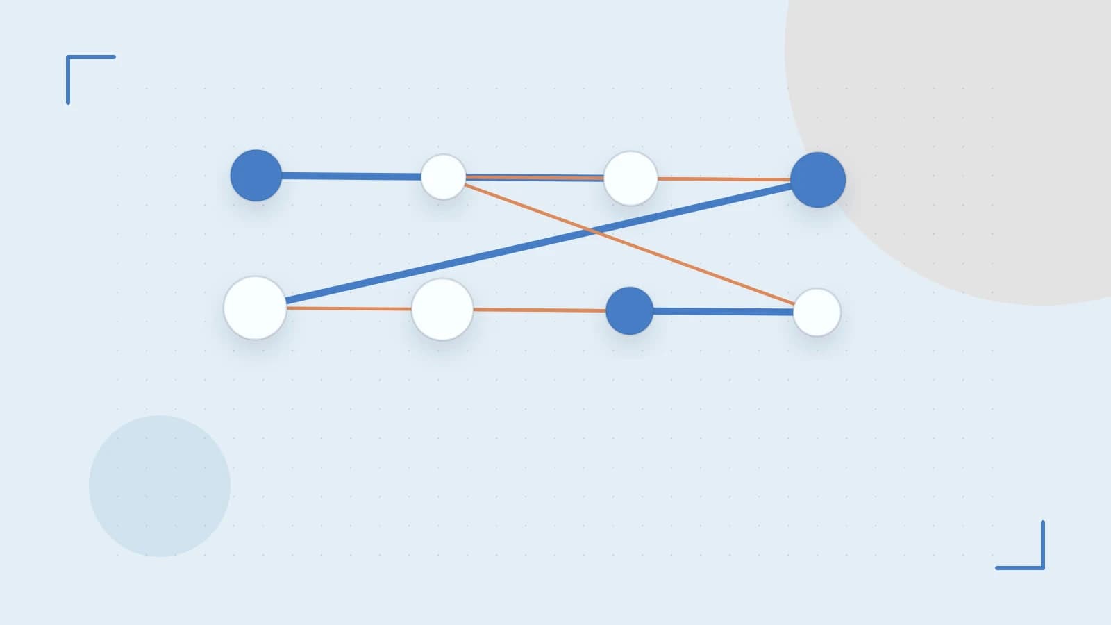 Editorial illustration of an algorithmic node graph with branching paths and a highlighted result