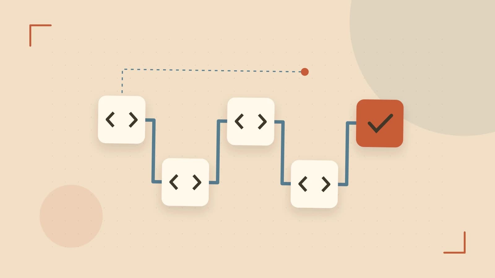 Editorial illustration of a branching build pipeline, staged transformations and a completed check