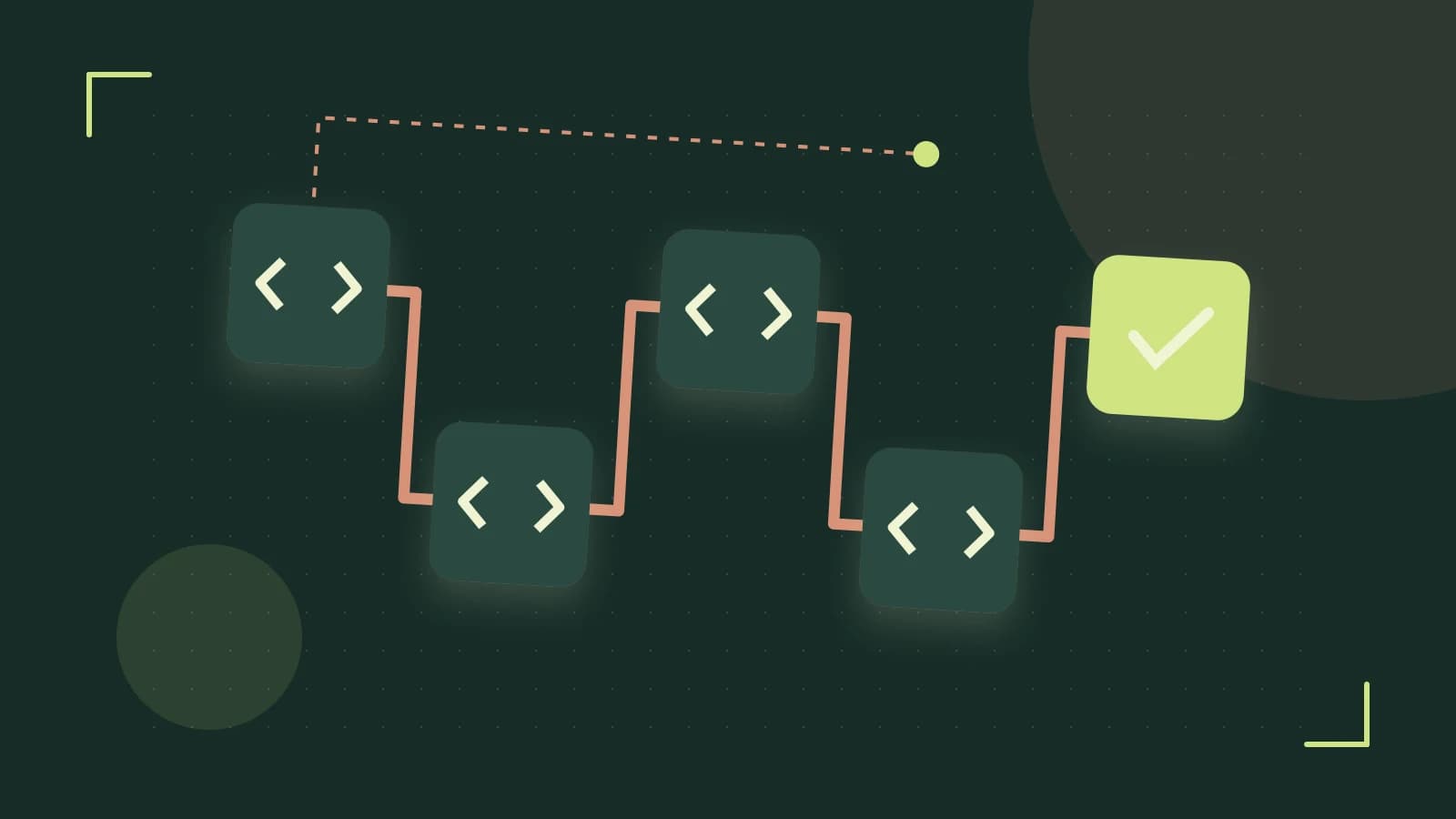 Editorial illustration of a branching build pipeline, staged transformations and a completed check