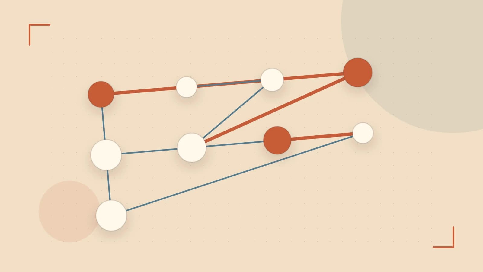 Editorial illustration of an algorithmic node graph with branching paths and a highlighted result
