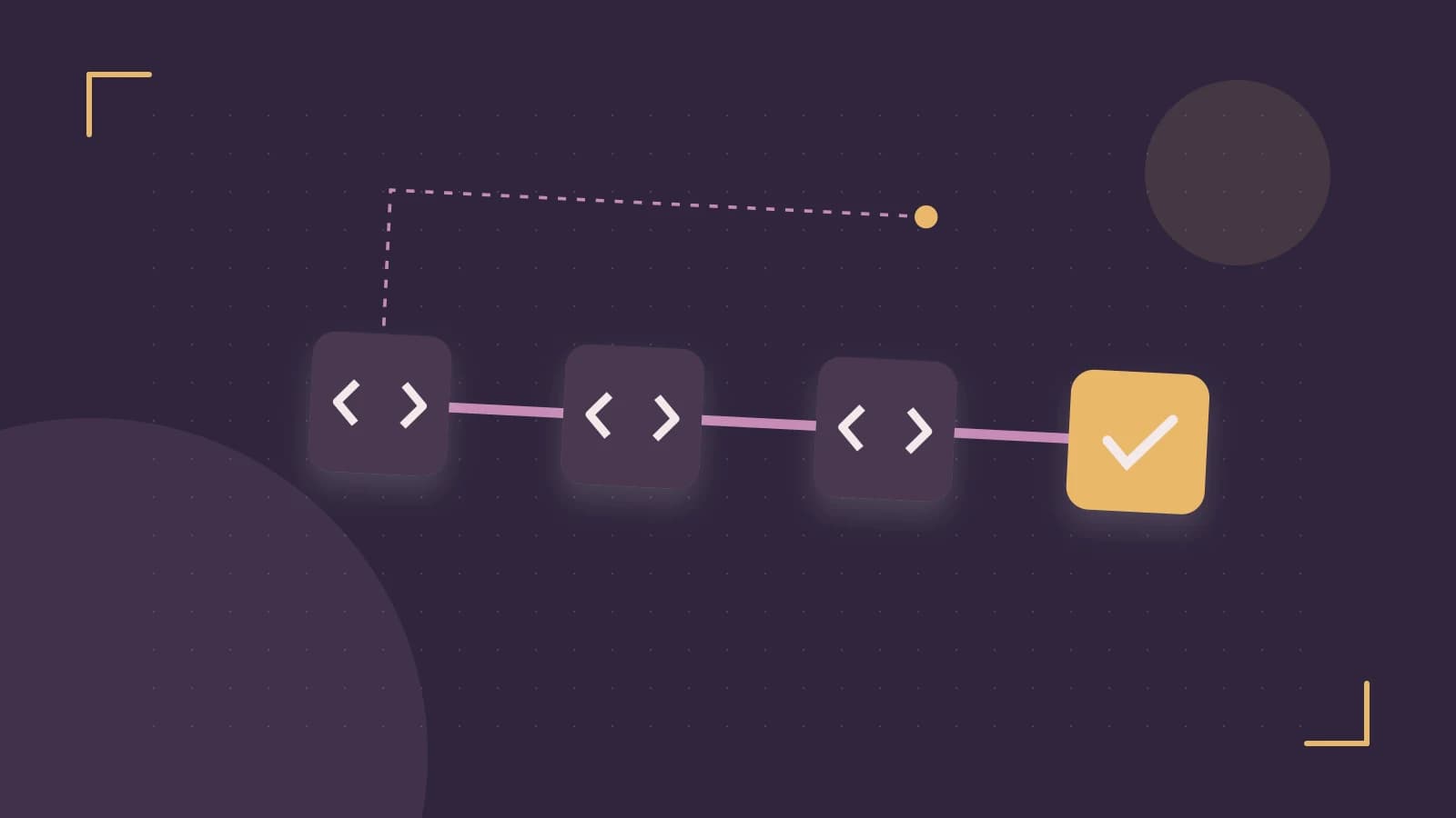 Editorial illustration of a branching build pipeline, staged transformations and a completed check