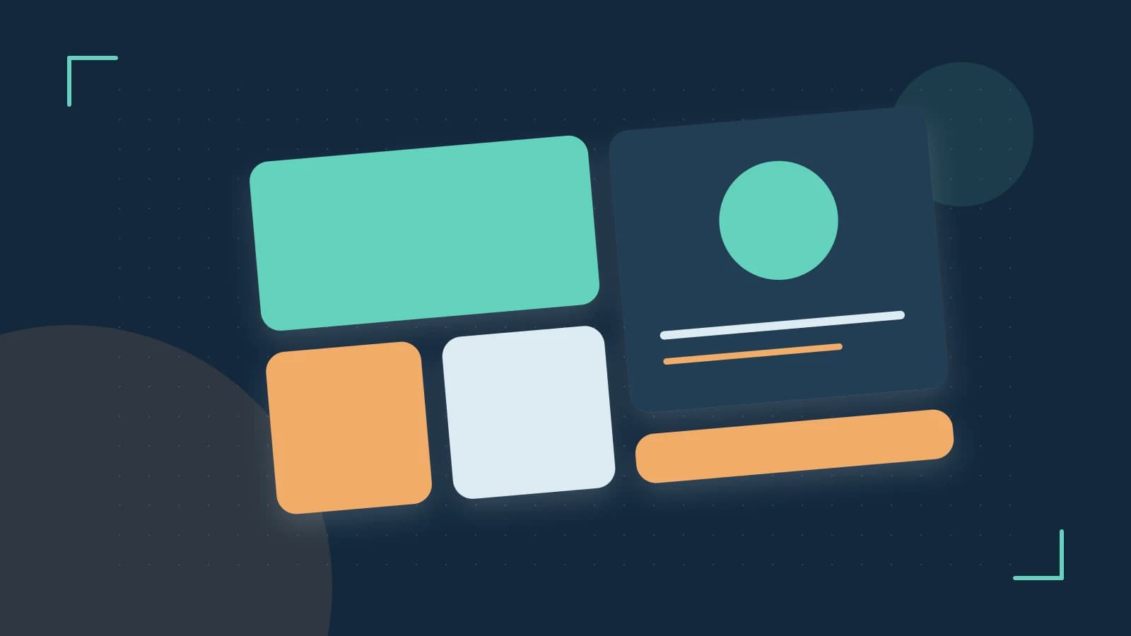Editorial illustration of responsive browser layouts, overlapping design components and a color system