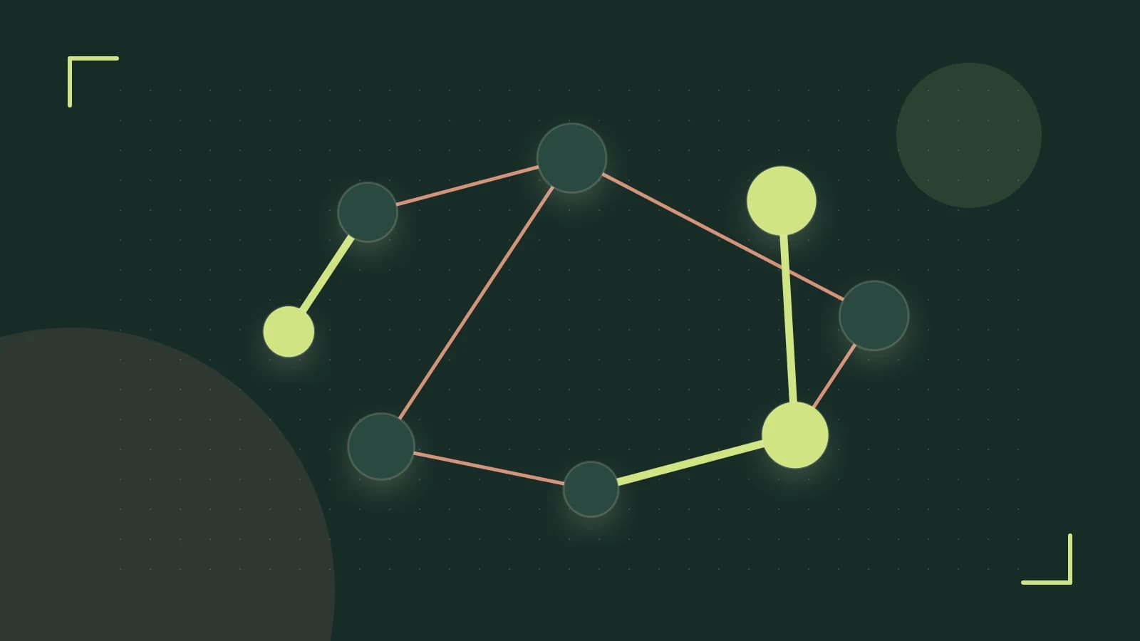 Editorial illustration of an algorithmic node graph with branching paths and a highlighted result