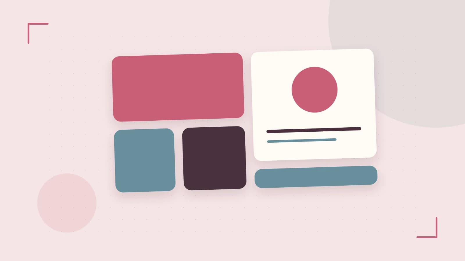 Editorial illustration of responsive browser layouts, overlapping design components and a color system