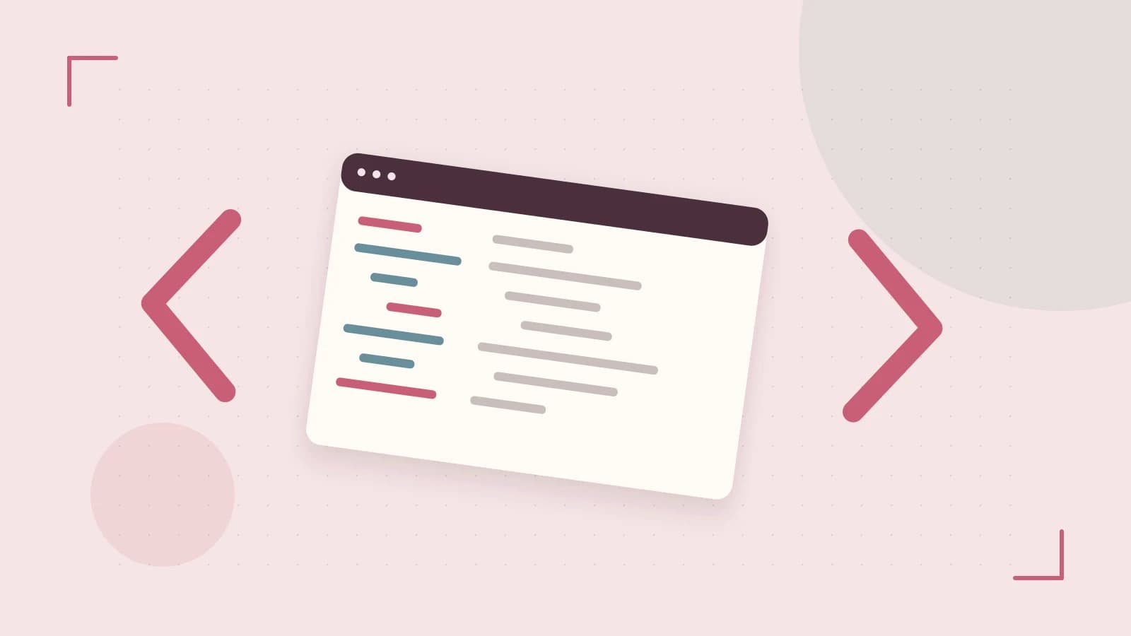 Editorial illustration of an abstract code editor, syntax blocks and oversized programming brackets