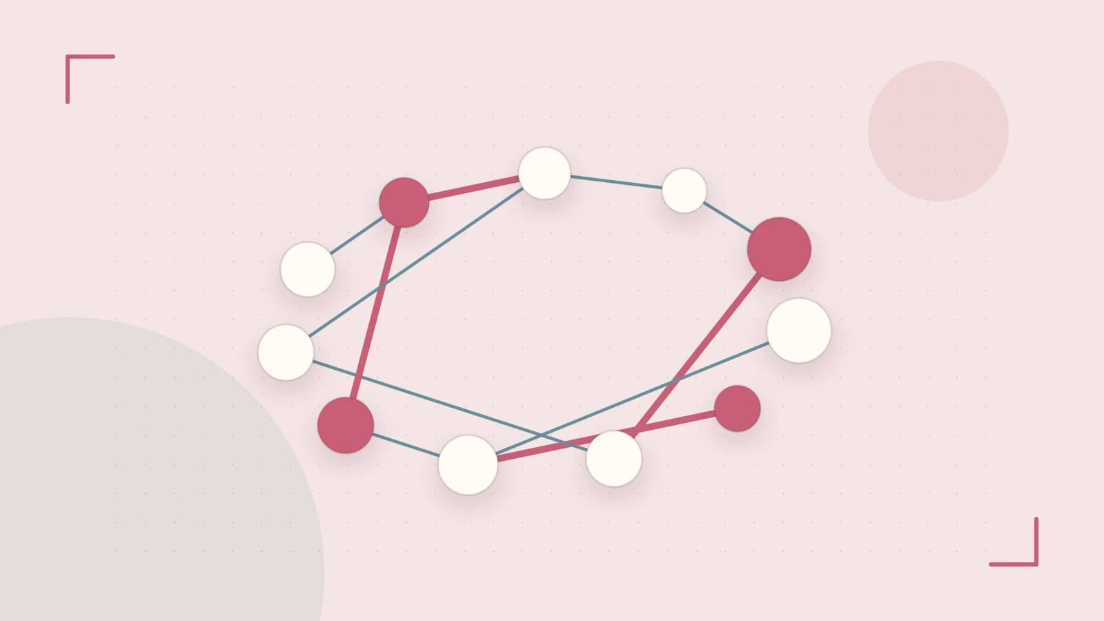 Editorial illustration of an algorithmic node graph with branching paths and a highlighted result