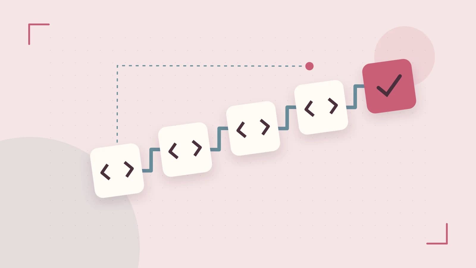 Editorial illustration of a branching build pipeline, staged transformations and a completed check