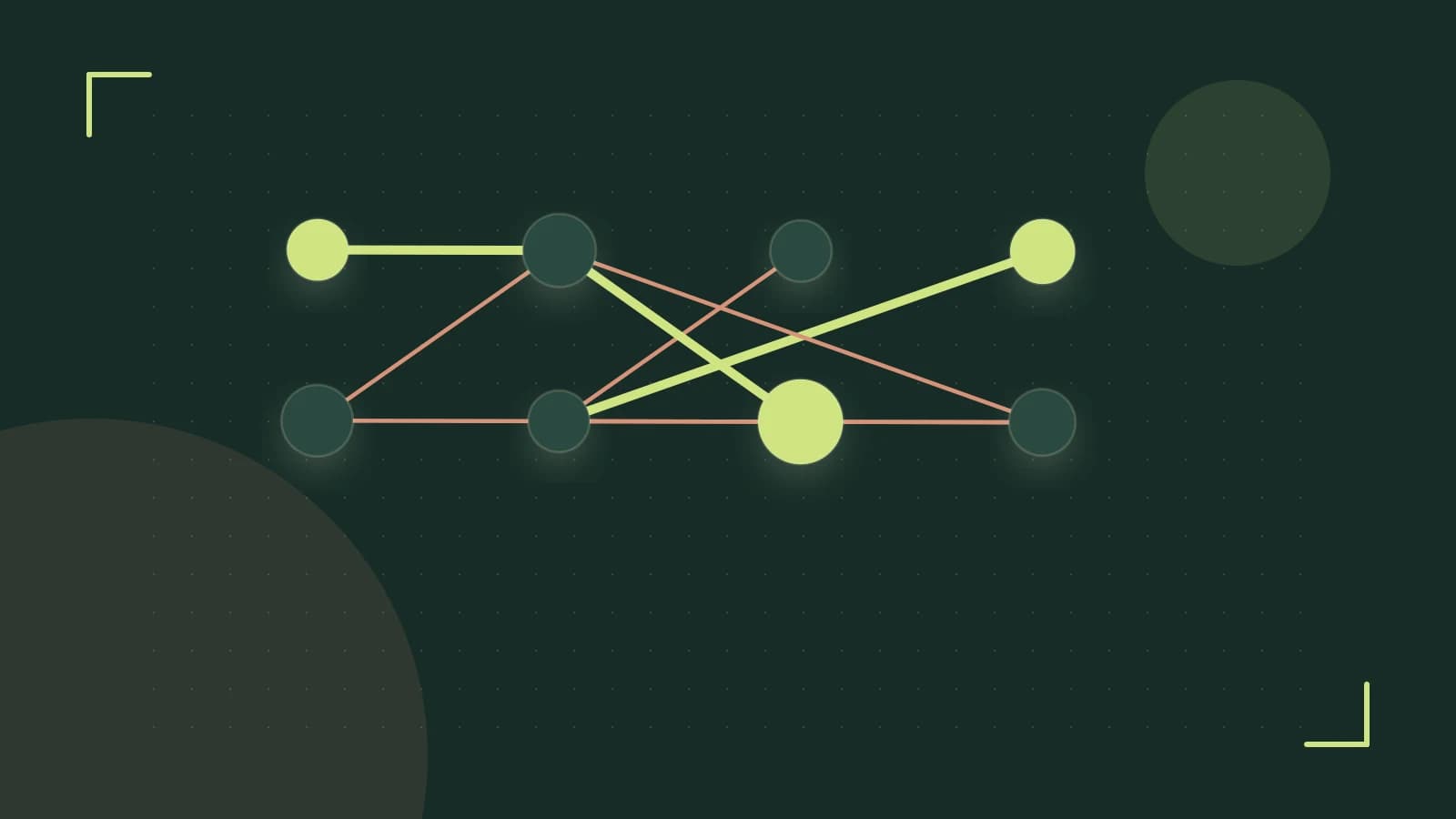 Editorial illustration of an algorithmic node graph with branching paths and a highlighted result