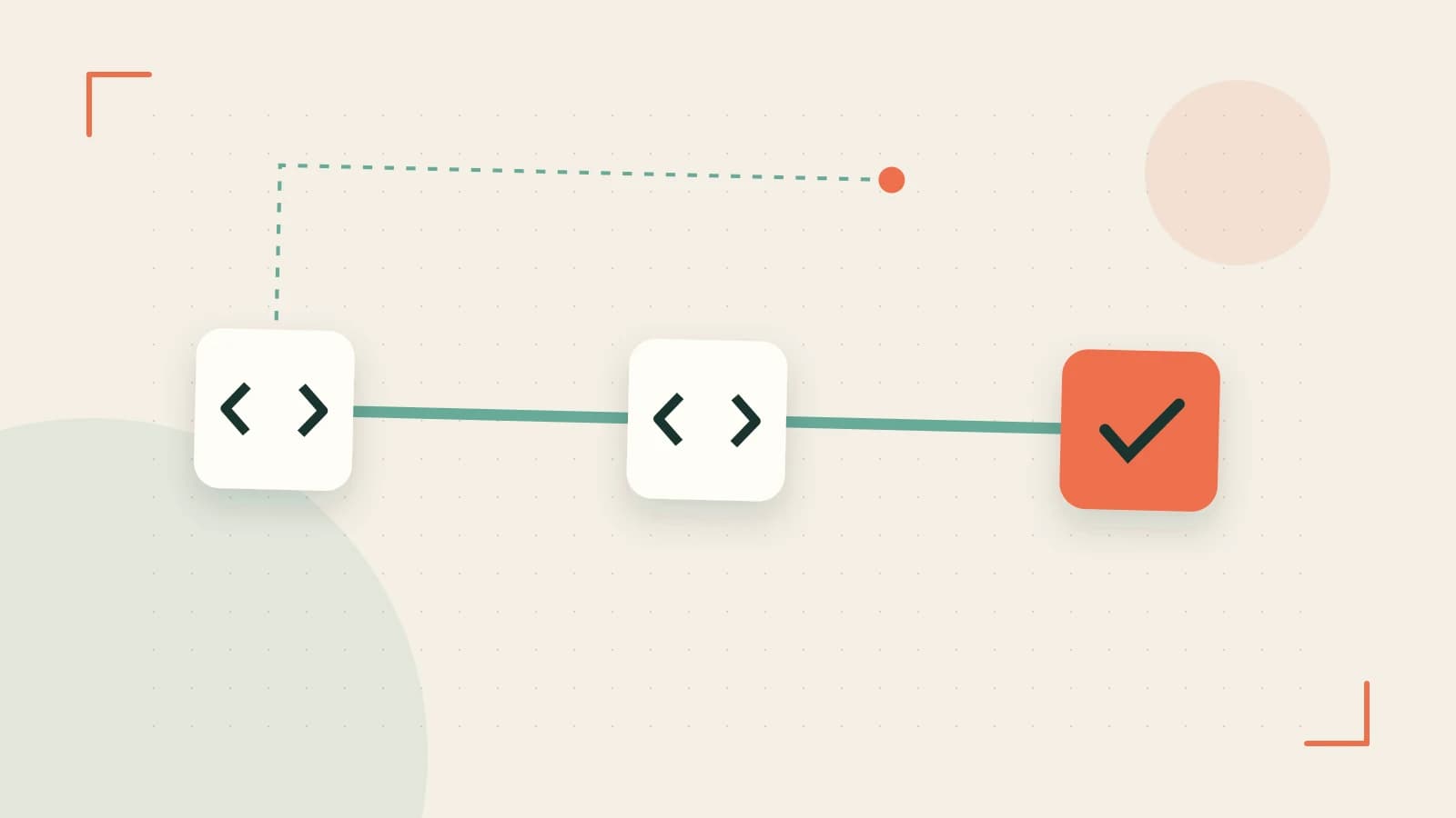 Editorial illustration of a branching build pipeline, staged transformations and a completed check