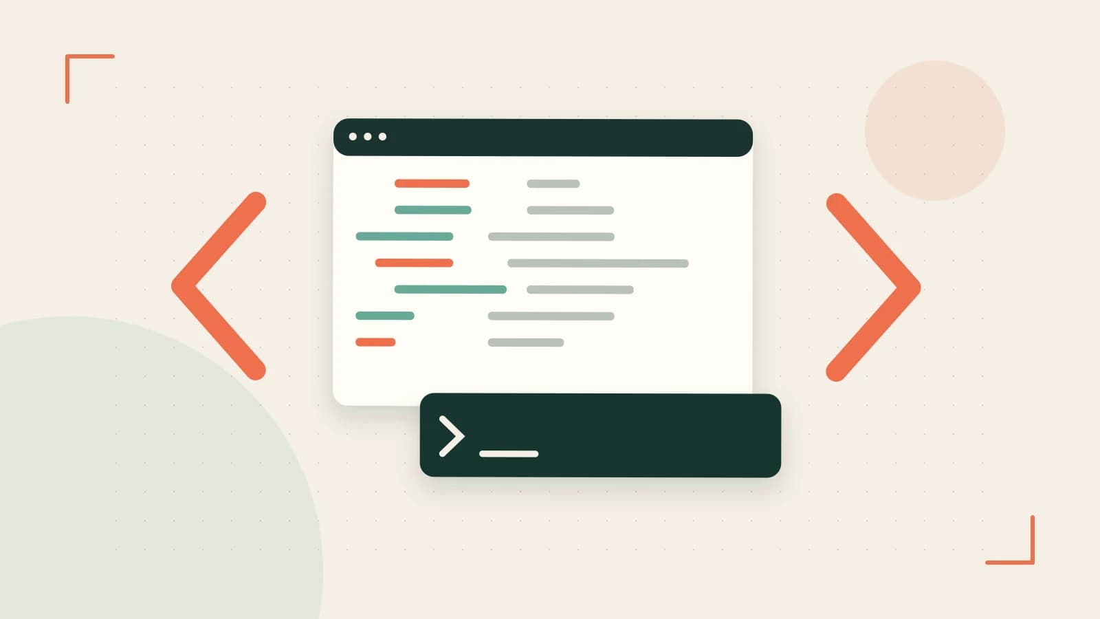 Editorial illustration of an abstract code editor, syntax blocks and oversized programming brackets