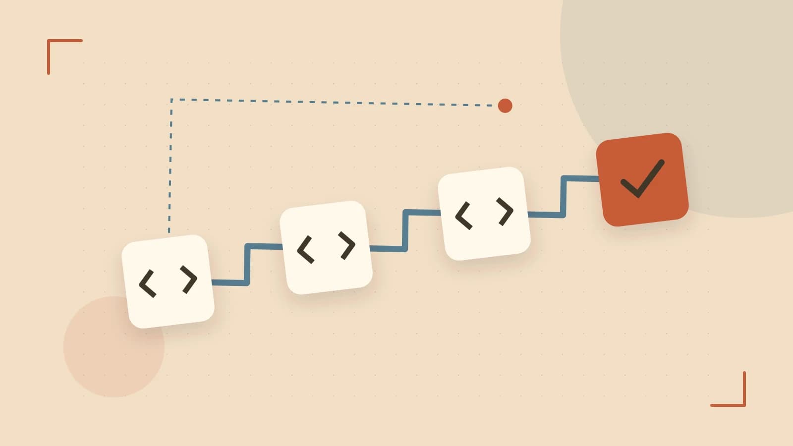 Editorial illustration of a branching build pipeline, staged transformations and a completed check