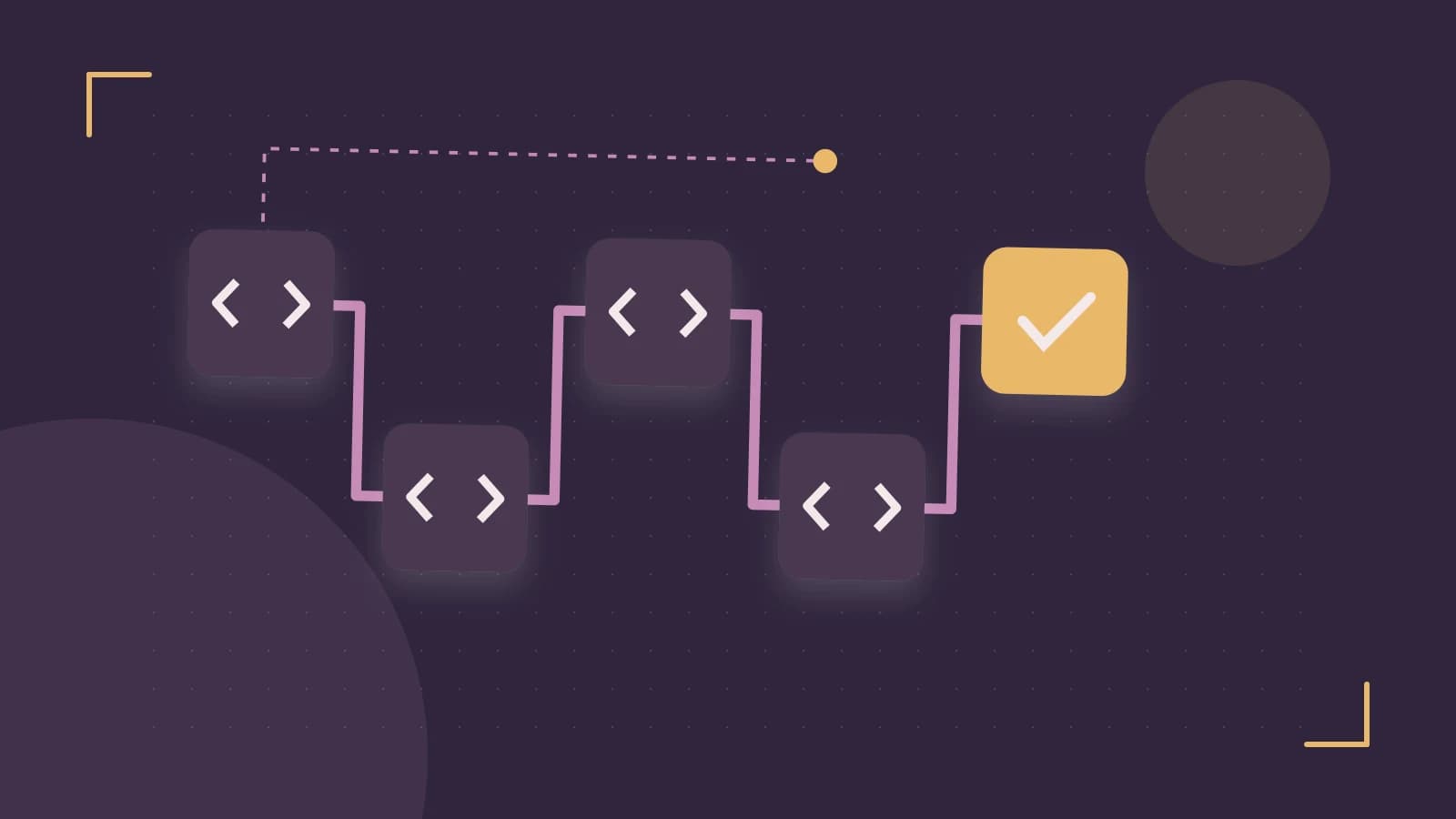Editorial illustration of a branching build pipeline, staged transformations and a completed check