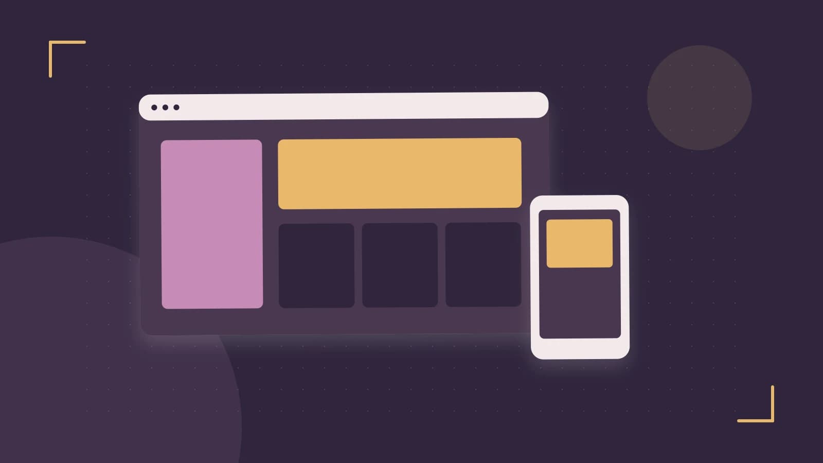 Editorial illustration of responsive browser layouts, overlapping design components and a color system