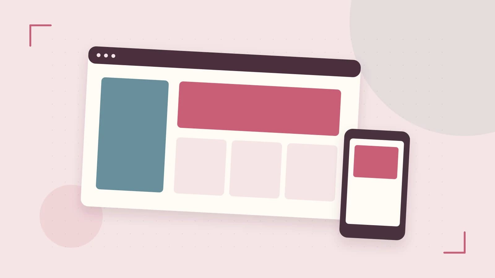 Editorial illustration of responsive browser layouts, overlapping design components and a color system
