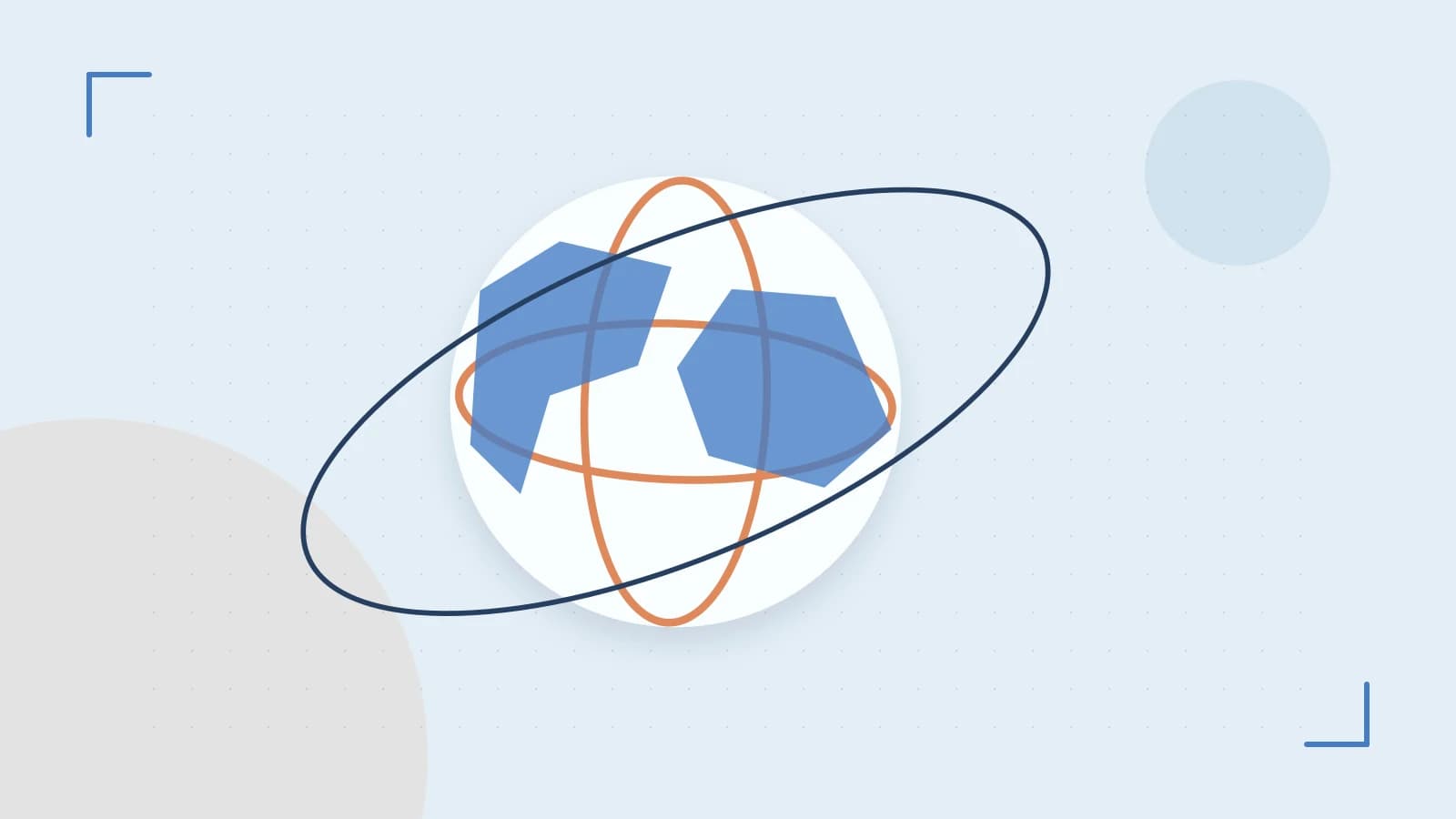Editorial illustration of an editorial globe with meridians and layered geographic shapes