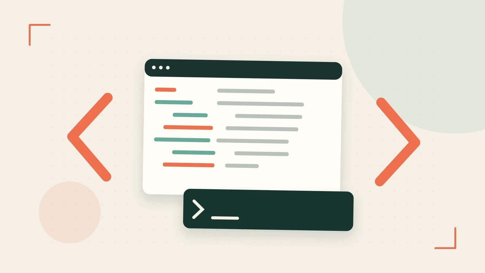Editorial illustration of an abstract code editor, syntax blocks and oversized programming brackets