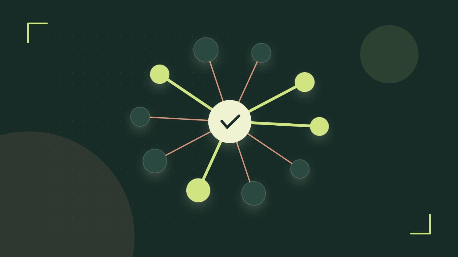 Editorial illustration of an algorithmic node graph with branching paths and a highlighted result