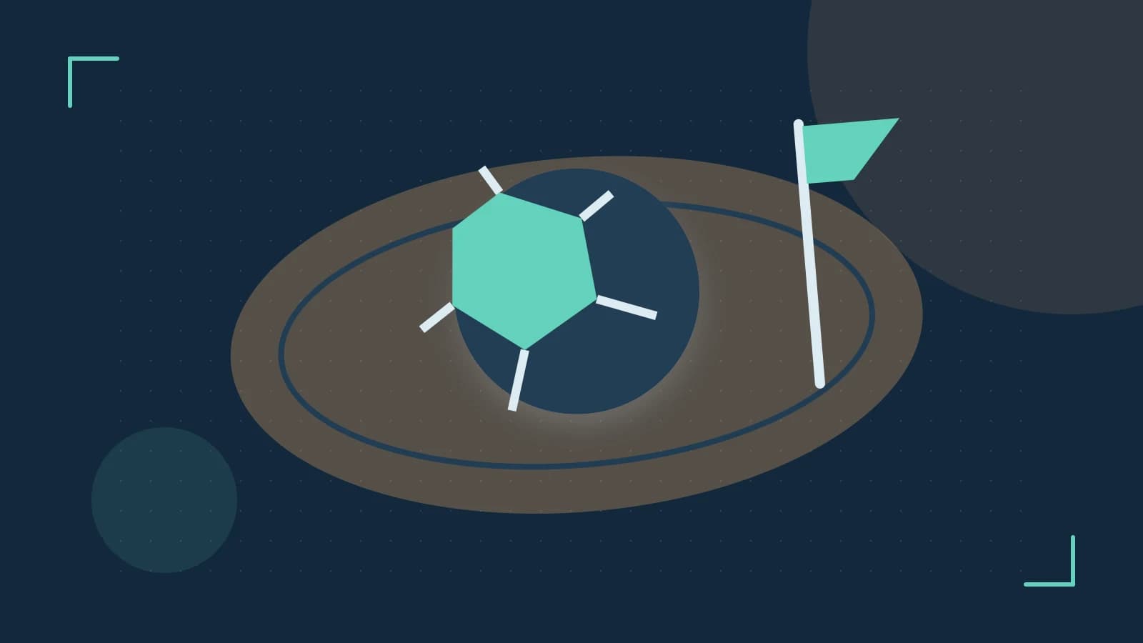 Editorial illustration of a stylized sports ball, stadium geometry and dynamic arcs