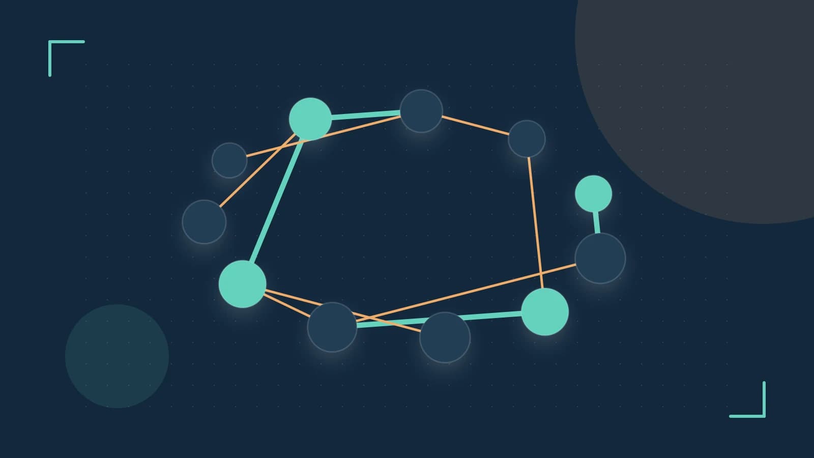 Editorial illustration of an algorithmic node graph with branching paths and a highlighted result