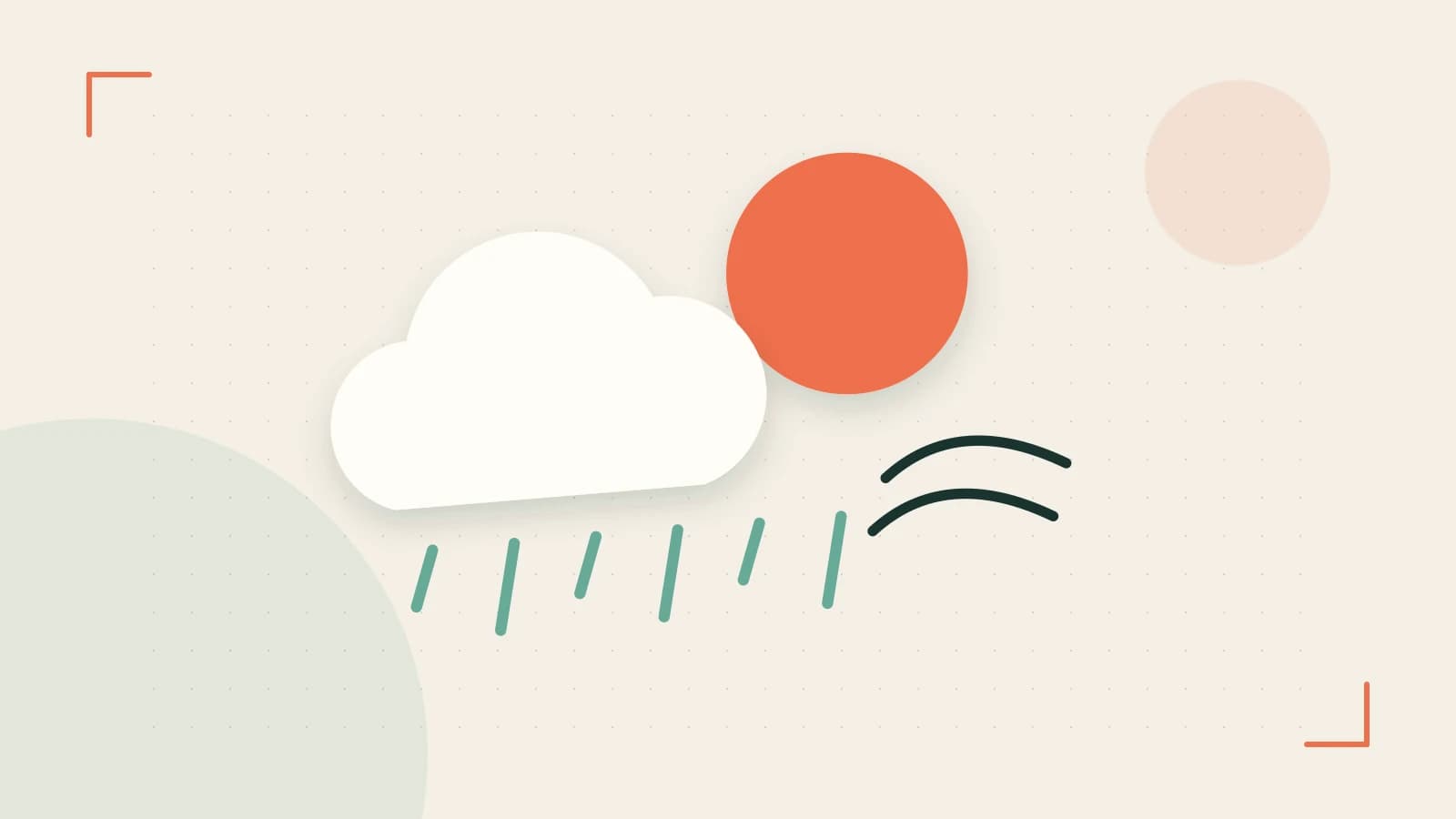 Editorial illustration of a sun, layered clouds, raindrops and flowing weather patterns