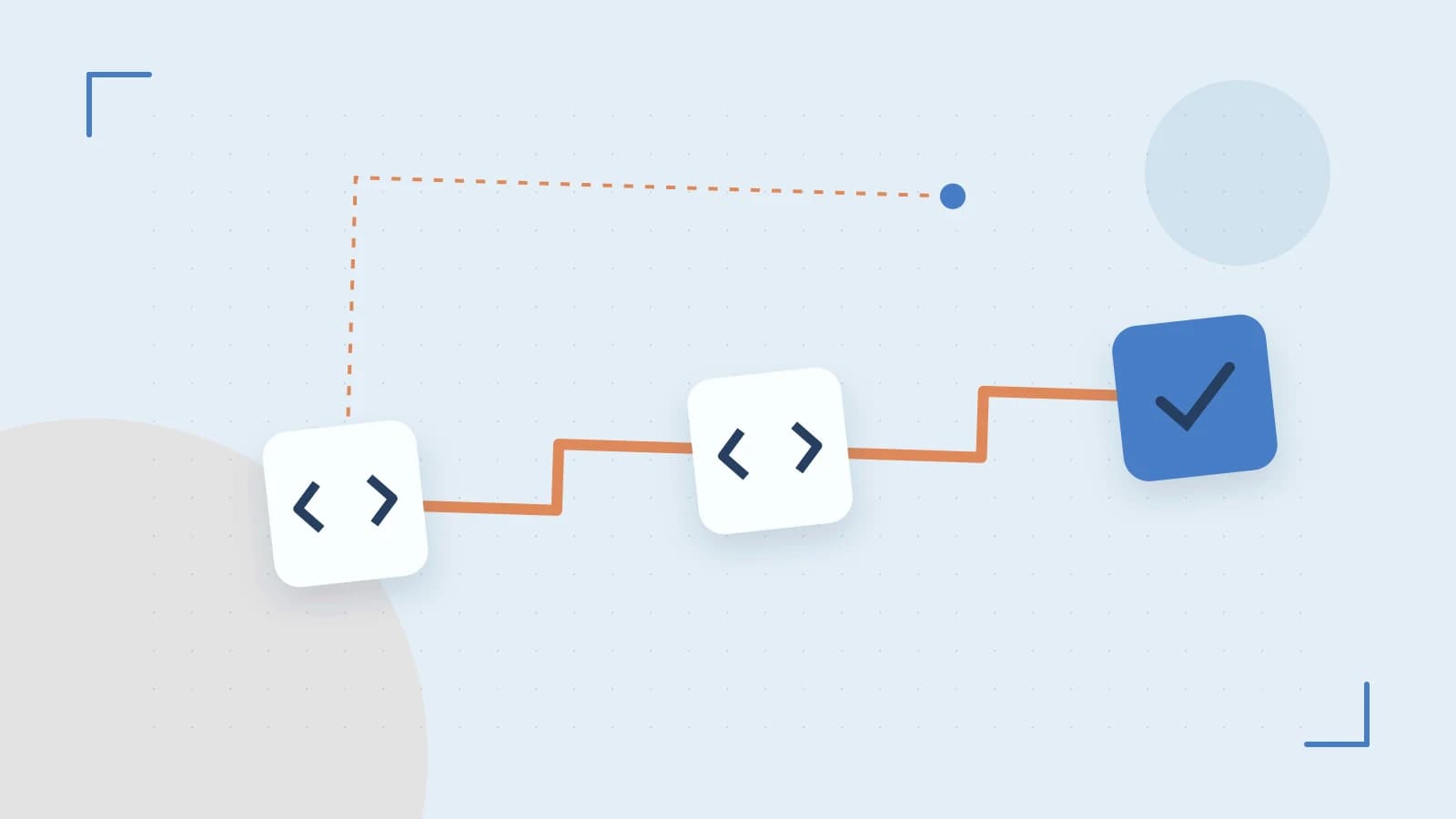 Editorial illustration of a branching build pipeline, staged transformations and a completed check